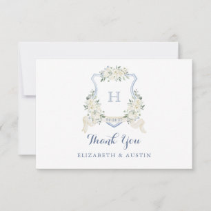 Elegant White Floral Dusty Blue Wedding Crest Thank You Card