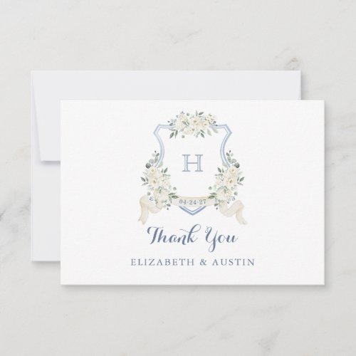 Elegant White Floral Dusty Blue Wedding Crest Thank You Card