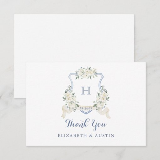 Elegant White Floral Dusty Blue Wedding Crest Thank You Card | Zazzle