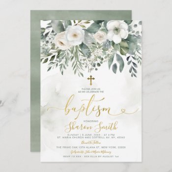 Elegant White Floral Eucalyptus Baptism Gold Cross Invitation by HappyPartyStudio at Zazzle