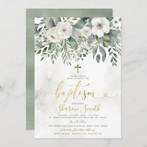 Elegant White Floral Eucalyptus Baptism Gold Cross Invitation