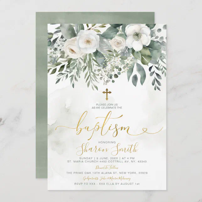 Elegant White Floral Eucalyptus Baptism Gold Cross Invitation | Zazzle