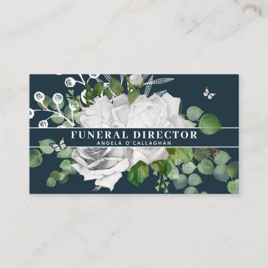 Elegant White Floral & Eucalyptus Funeral Director Business Card