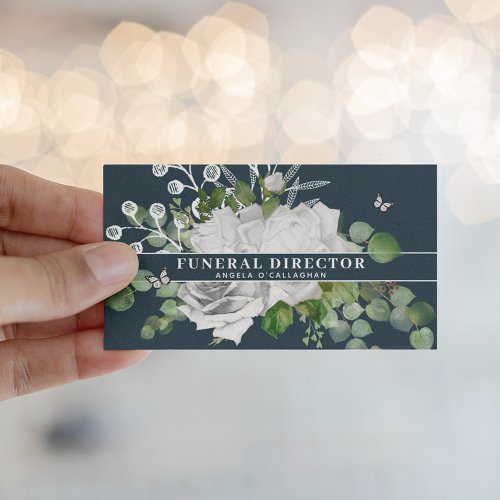 Elegant White Floral  Eucalyptus Funeral Director Business Card