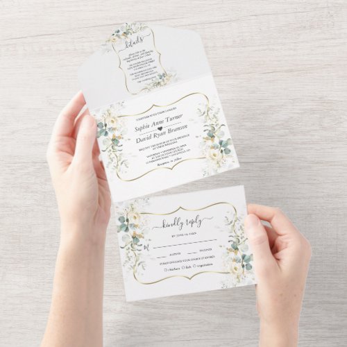 Elegant White Floral Eucalyptus Gold Wedding   All In One Invitation