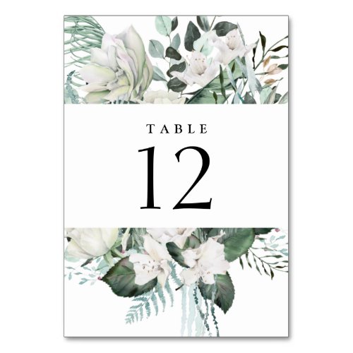 Elegant White Floral Eucalyptus Greenery Wedding Table Number