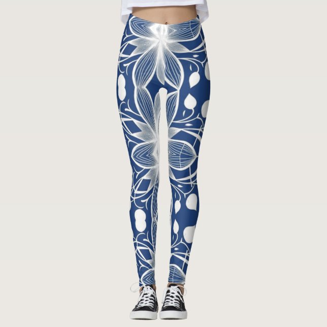 Elegant White Floral fabric Pattern on Deep Blue Leggings (Front)