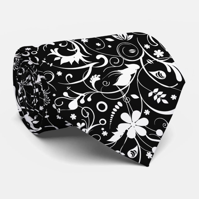 Elegant White Floral Fabric Pattern Tie (Rolled)