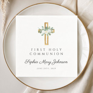 Elegant White Floral First Communion Napkins