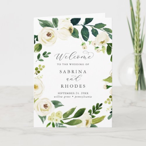 Elegant White Floral Folded Wedding Program