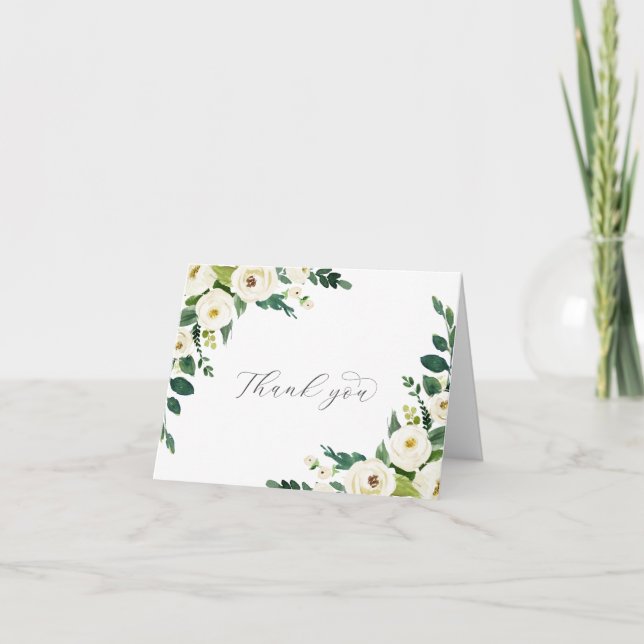 Elegant White Floral Folded Wedding Thank You Card (Front)