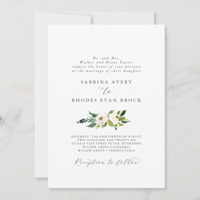 Elegant White Floral Formal Wedding Invitation (Front)
