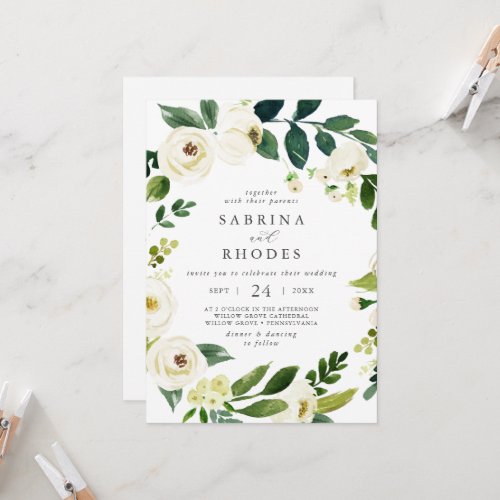 Elegant White Floral Front and Back Wedding Invitation