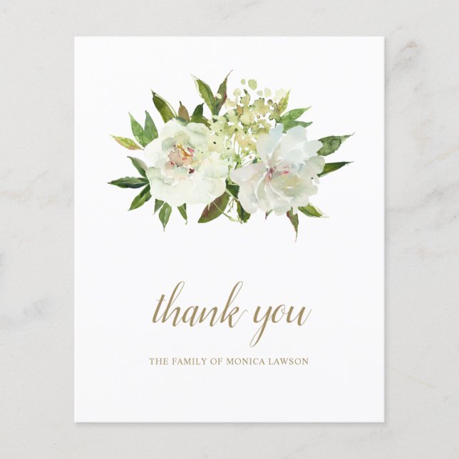 Elegant White Floral Funeral Budget Thank You Card (Front)