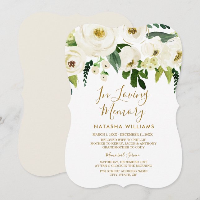Elegant White Floral Funeral Service Announcement (Front/Back)