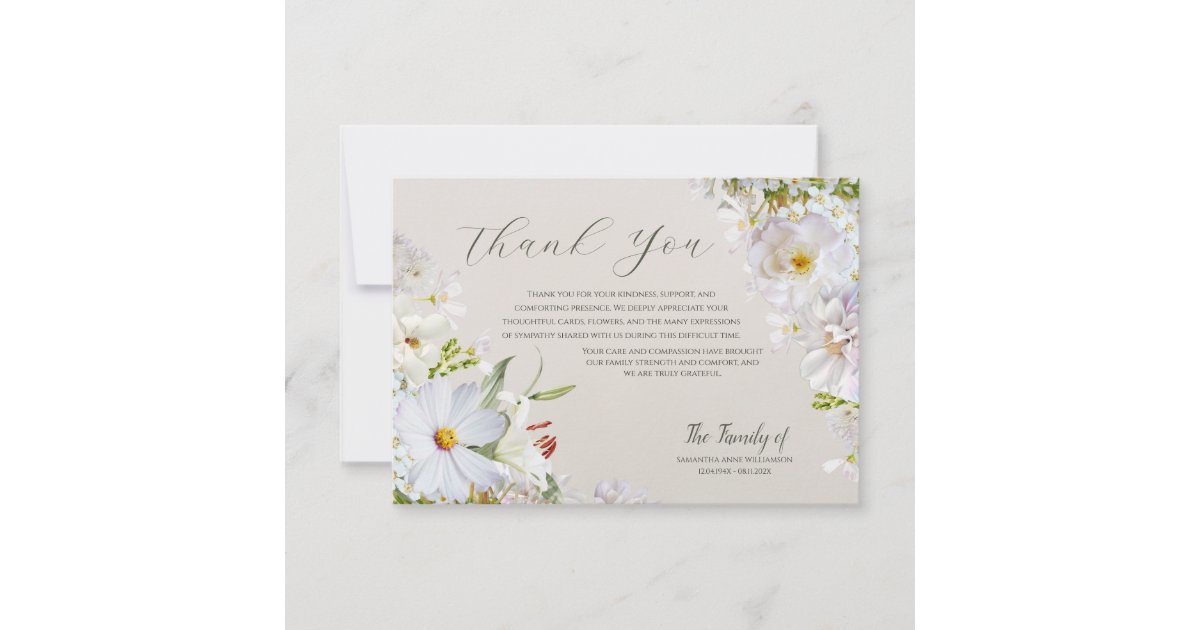 Elegant White Floral Funeral Thank You Card | Zazzle