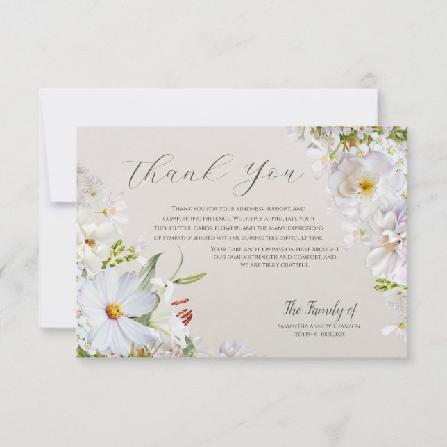 Elegant White Floral Funeral Thank You Card (Front)