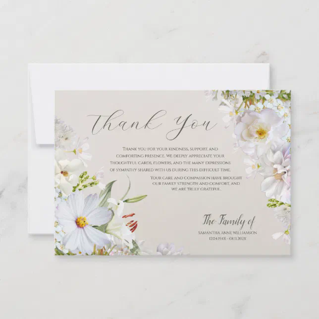 Elegant White Floral Funeral Thank You Card | Zazzle