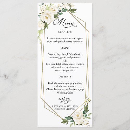 Elegant White Floral Geometric Wedding Menu Cards