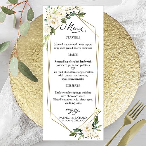 Elegant White Floral Geometric Wedding Menu Cards
