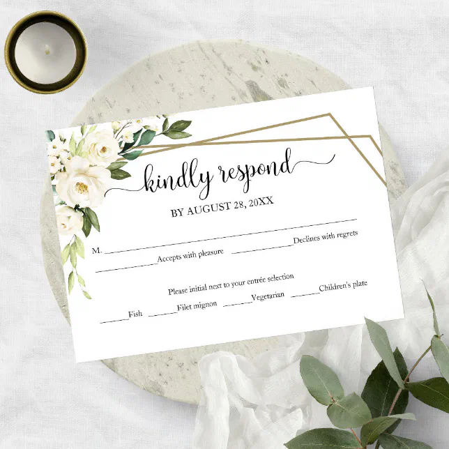 Elegant White Floral Geometric Wedding RSVP Card | Zazzle