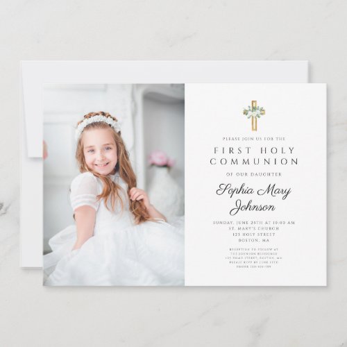 Elegant White Floral Girl First Communion Photo Invitation