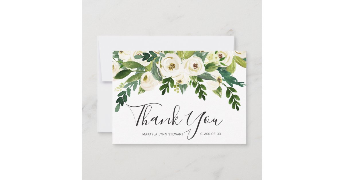 Elegant White Floral Girl Non Photo Graduation Thank You Card | Zazzle