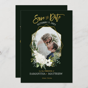 Elegant White Floral Gold Black Geometric Photo Save The Date