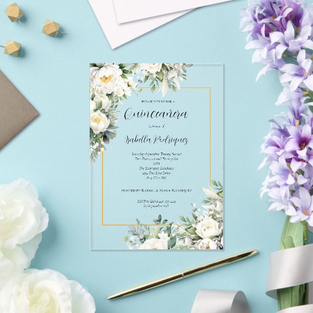 Elegant White Floral Gold Border Quinceañera Acrylic Invitations (Insitu (Wedding))