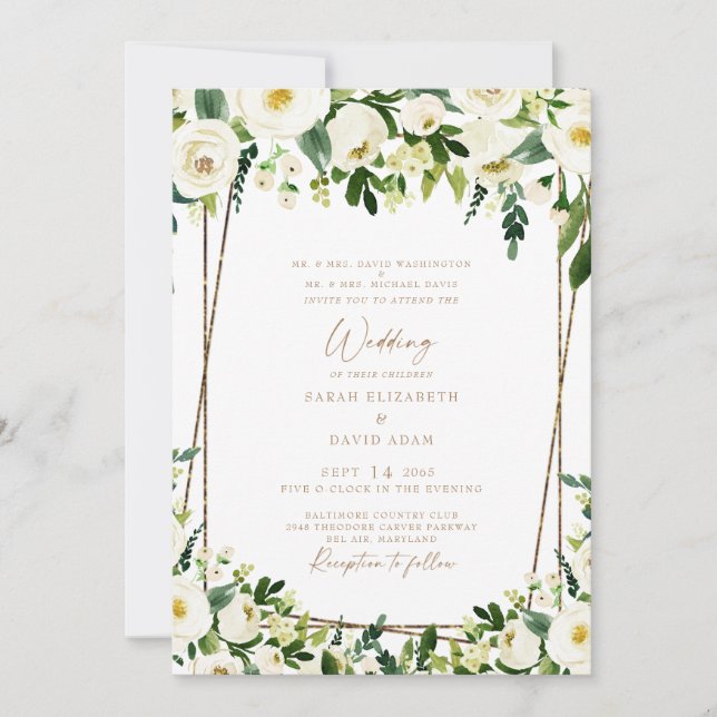 Elegant White Floral & Gold Both Parents Wedding I Invitation (Front)