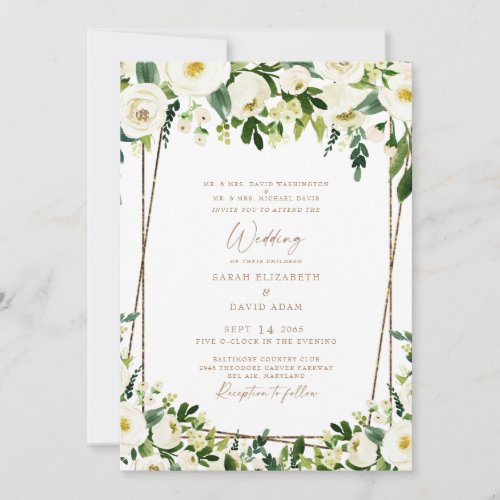 Elegant White Floral  Gold Both Parents Wedding I Invitation