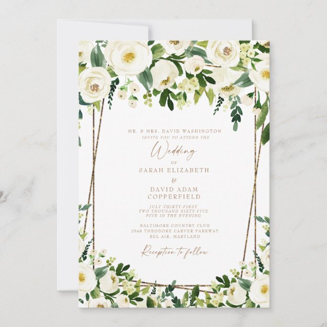 Elegant White Floral & Gold Formal Wedding Invitation (Front)