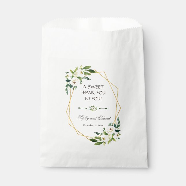 Elegant White Floral Gold Frame THANK YOU Favor Bag (Front)