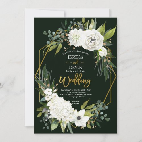 Elegant White Floral Gold Frame Wedding Invitation