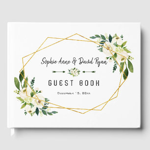 Elegant White Floral Gold Frame Wedding Planner Guest Book