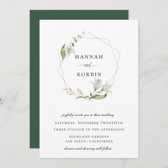 Elegant White Floral Gold Geometric Frame Wedding Invitation (Front/Back)