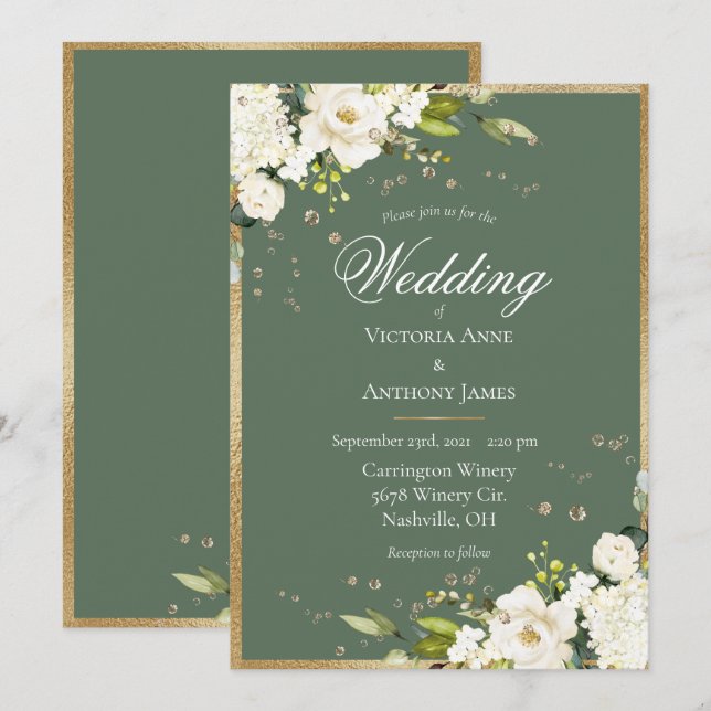 Elegant White Floral Gold Green Wedding  Invitation (Front/Back)