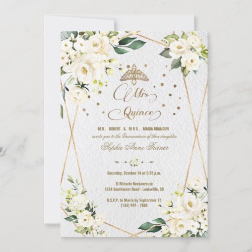 Elegant White Floral Gold Mis Quince Quinceaera Invitation