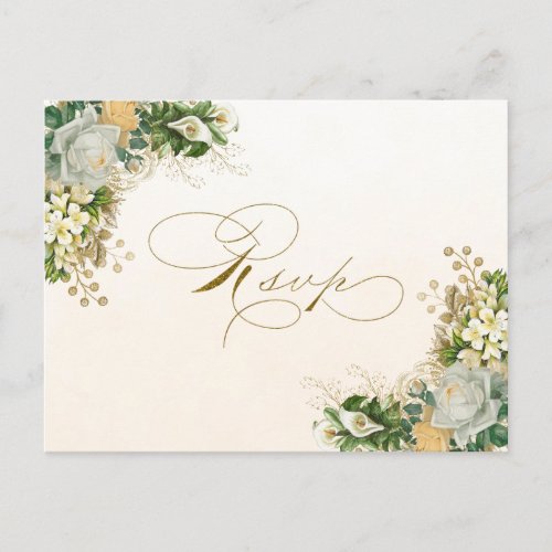 Elegant White Floral Gold Wedding RSVP Invitation Postcard