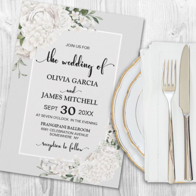 Elegant White Floral Gray Wedding Invitation (Creator Uploaded)
