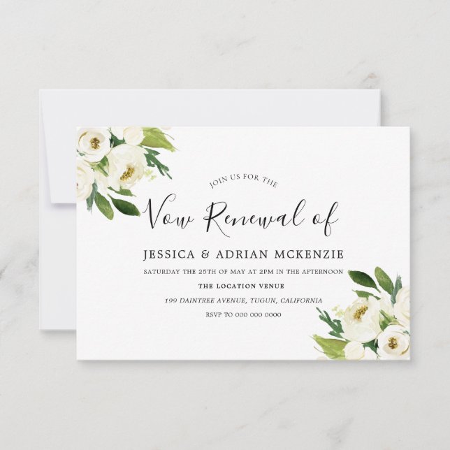 Elegant White Floral Green Leaf Vow Renewal Invite (Front)
