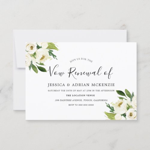 Elegant White Floral Green Leaf Vow Renewal Invite