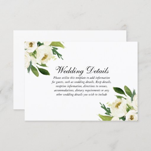 Elegant White Floral Green Leaf Wedding Details RSVP Card | Zazzle