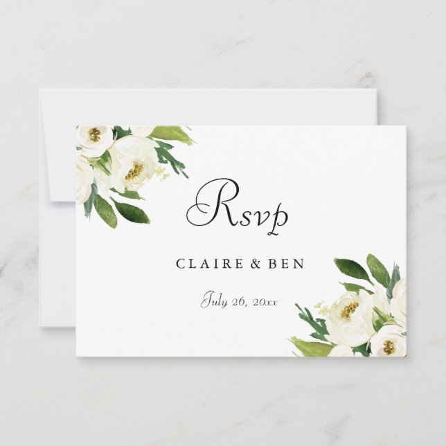 Elegant White Floral Green Leaf Wedding RSVP (Front)