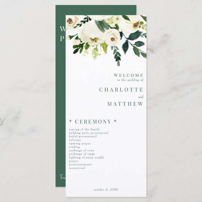 Elegant White Floral Green & White Wedding Program (Front/Back)