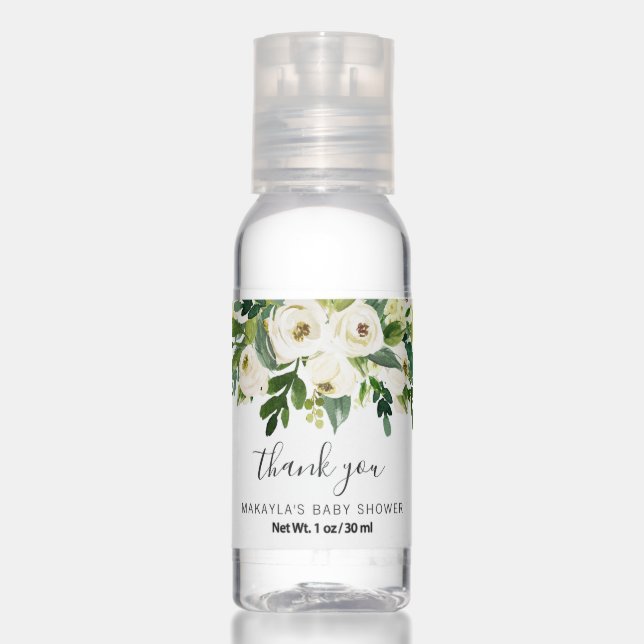 Elegant White Floral Greenery Baby Shower Favor Hand Sanitizer (Front)