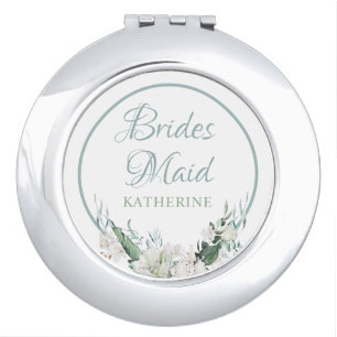 Elegant White Floral Greenery Bridesmaid Gift Compact Mirror