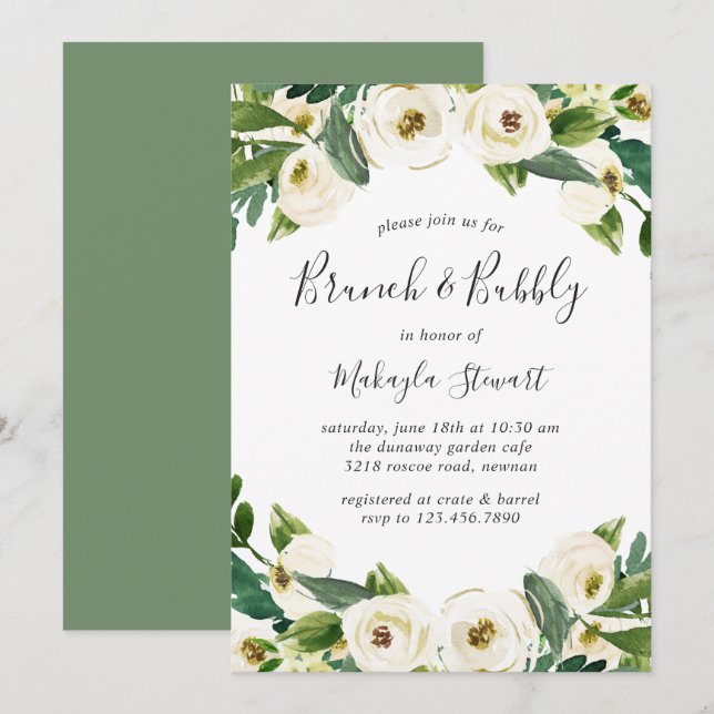 Elegant White Floral Greenery Brunch and Bubbly Invitation (Front/Back)