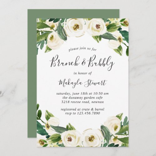 Elegant White Floral Greenery Brunch and Bubbly Invitation