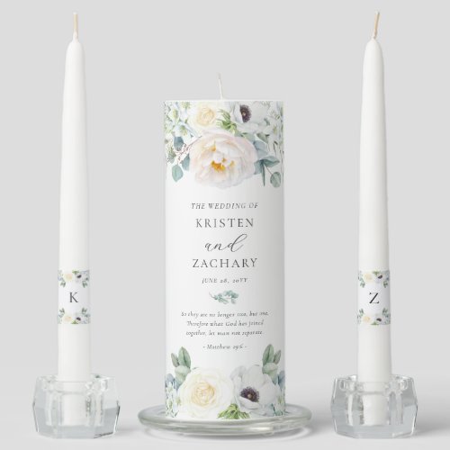 Elegant White Floral Greenery Christian Wedding Un Unity Candle Set